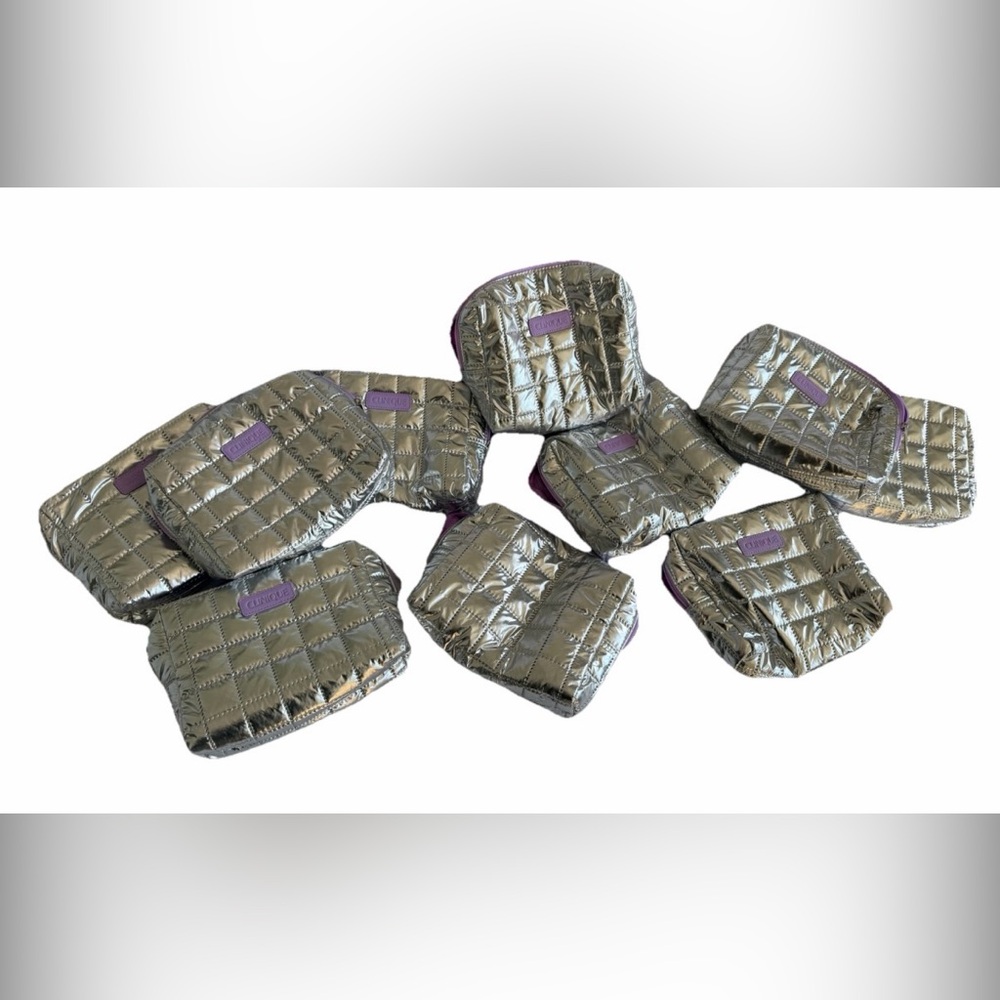10 CLINIQUE METALLIC QUILTED COSMETICS MAKEUP TRAVEL SILVER BAGS LOT OF TEN NEW